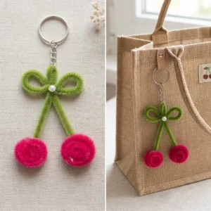 Handmade cherry keychain with green ribbon and pink cherries