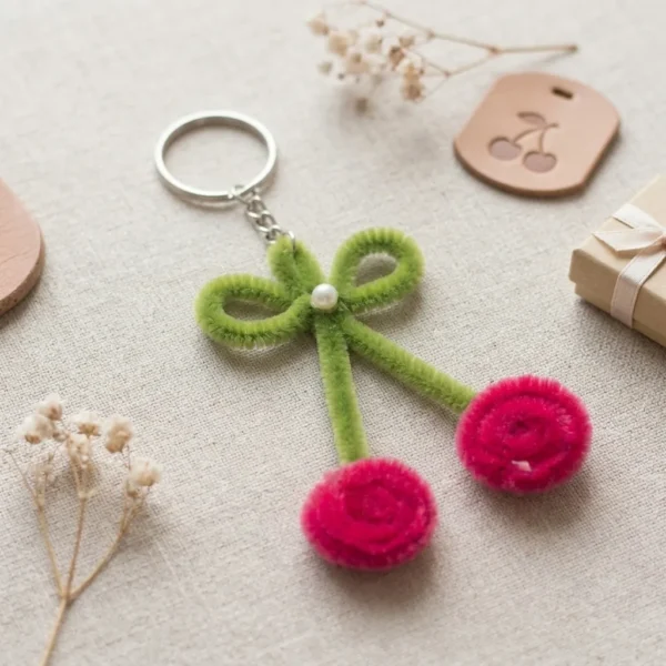 Cute pink cherry pipe cleaner keychain for gifts