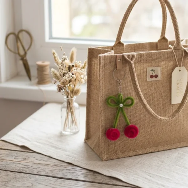Handmade pink cherry keychain with green bow
