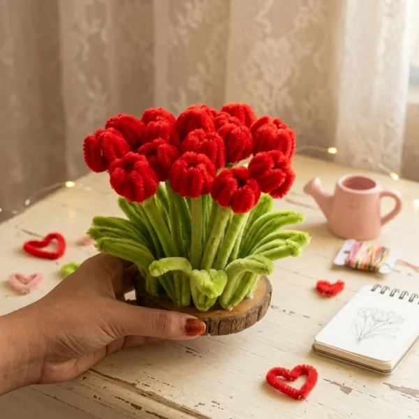 Handmade red tulip floral centerpiece with realistic blooms
