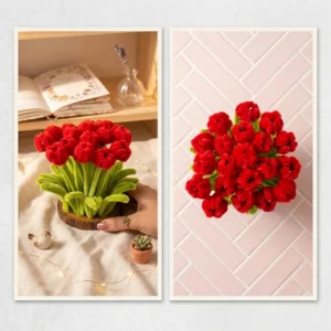 The Crimson Tulip Garden Decorative red tulip flower arrangement in handmade planter