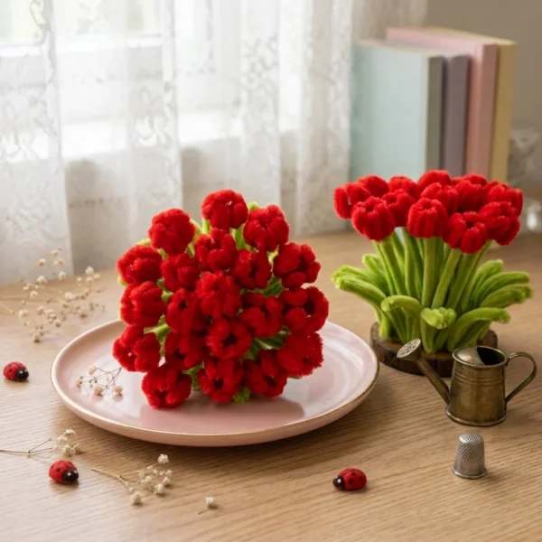 Handmade Crimson Tulip Garden flower arrangement
