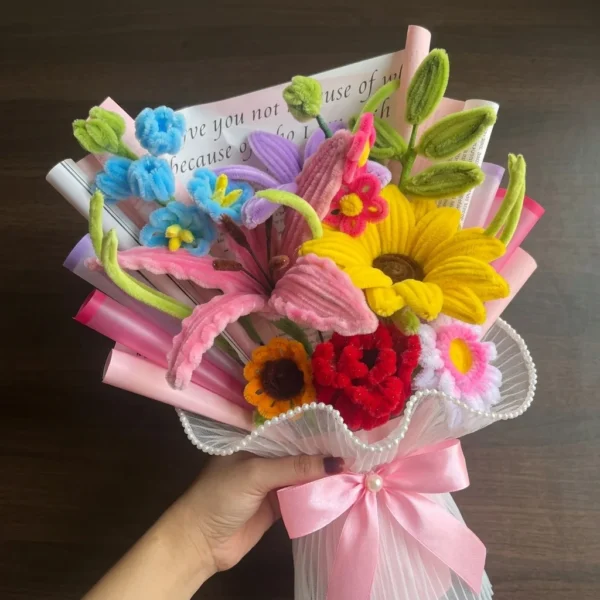 Vibrant handmade chenille stem flower bouquet for gifting