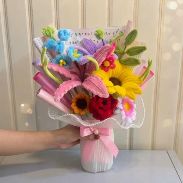 Handmade colorful pipe cleaner flower bouquet with sunflower and mixed flowers