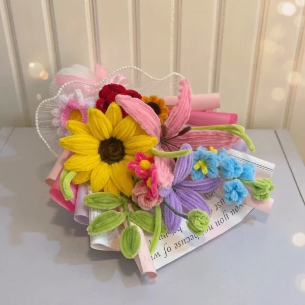 Everlasting handmade flower bouquet with sunflower, gerbera and colorful blooms